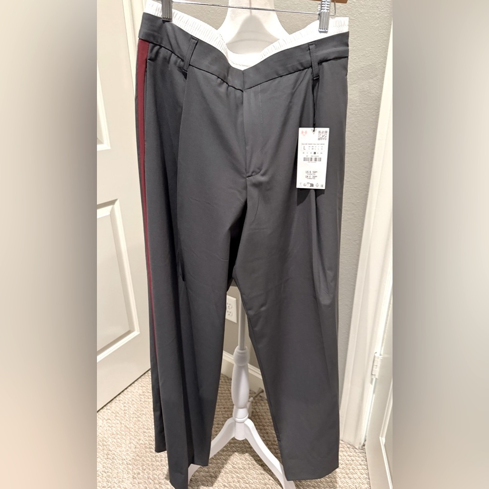 Zara, NWT grey wide leg pants with red tuxedo stripe, size L